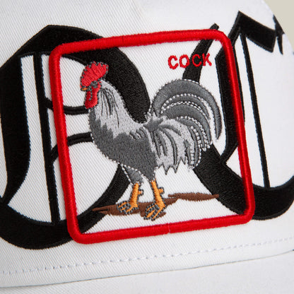 Goorin Bros. Old English Cock hat features a white and black colorway, a rooster patch with bold red "COCK" text, graphic background, and an Old English script accent.
