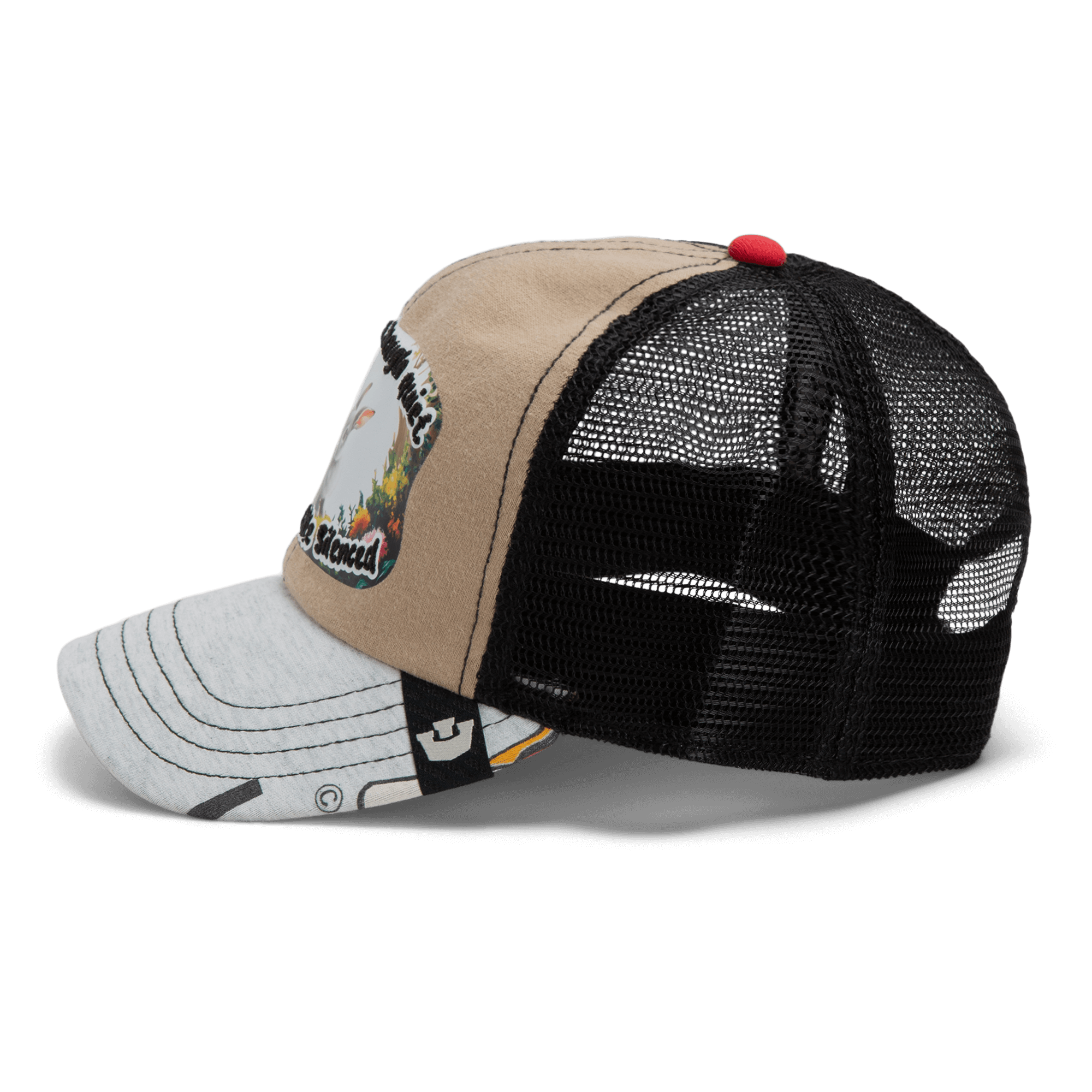 The Lil Ronin by Goorin Bros. is a beige and black trucker hat with a mesh back, gray graphic brim, and front patch—crafted from recycled tee shirts for an eco-friendly twist.