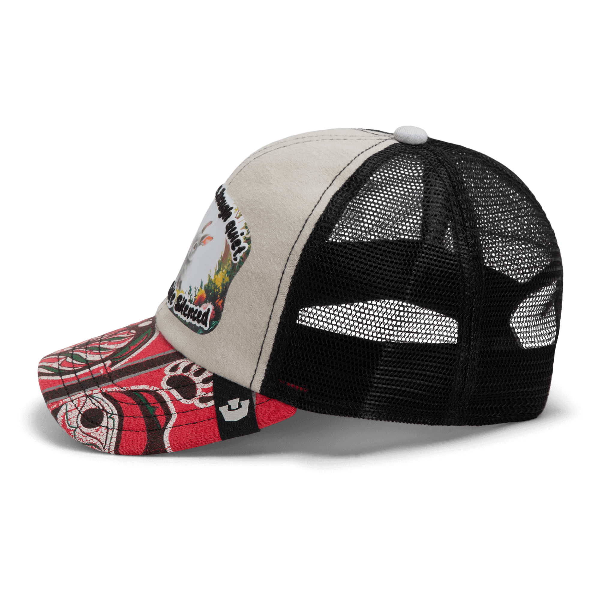 The Lil Ronin trucker by Goorin Bros. from our Storybook collection features a beige front, black mesh back, red patterned bill, and a bird-and-landscape patch—crafted in part from recycled tee shirts.