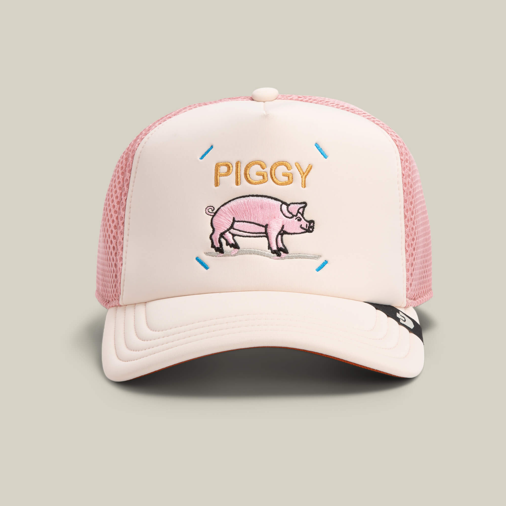 The Neo Farm - Piggy Pig hat by Goorin Bros. in WHISPER features a breathable mesh back and a front patch with an embroidered pig and "PIGGY" text.