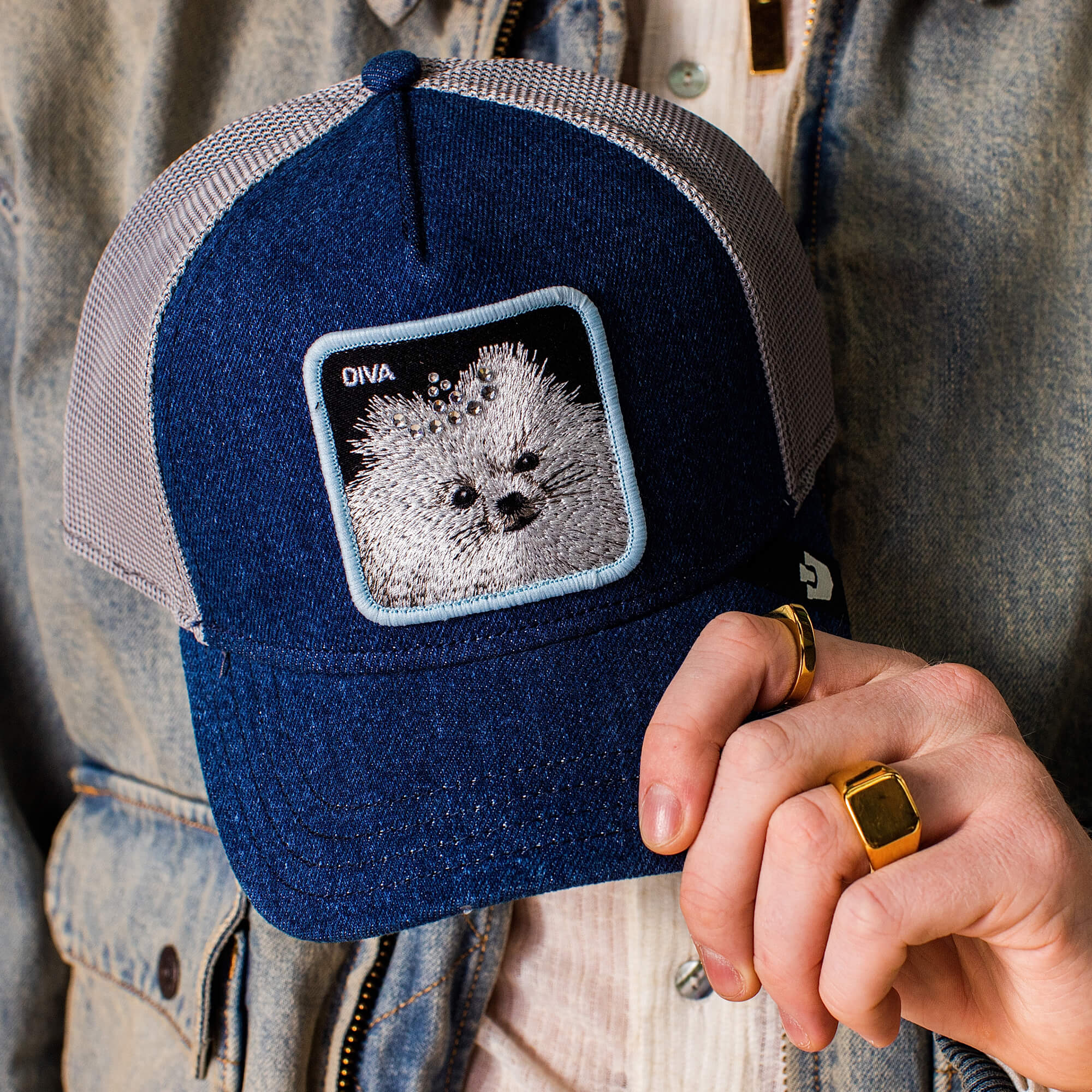 A person holding the Diva Dawg cap by Goorin Bros.—a blue and gray mesh baseball hat featuring a patch with an embroidered white dog's face, perfect for adding a quirky canine charm.