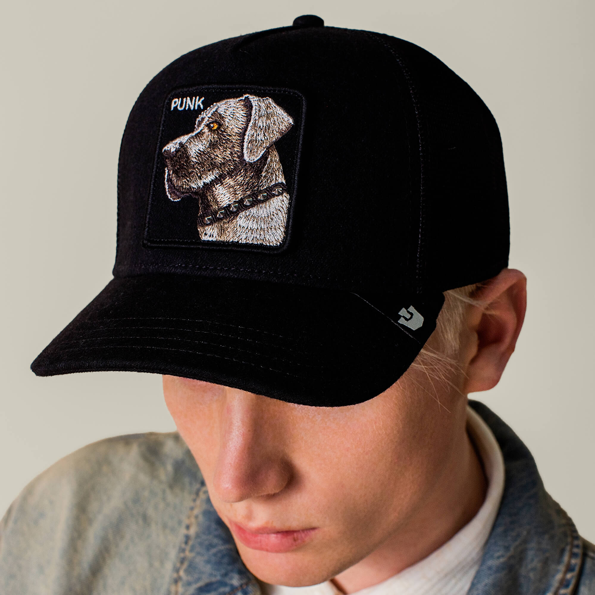 Goorin Punk Dawg Trucker Hat, Black Denim, 57/43 Polyester Cotton