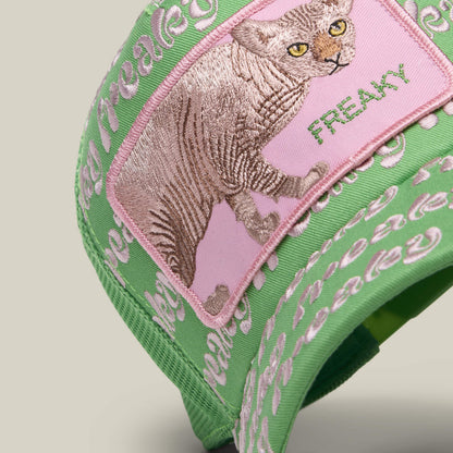 Goorin Bros. Freaky Friday cap with white embroidery and a pink cat patch reading "FREAKY"—perfect for bold weirdos who love to stand out.