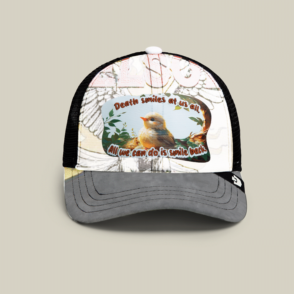 Part of the Goorin Bros. Storybook Collection, the Lil Samurai trucker hat in MULTI COLOR features an illustrated bird on a branch with the text: Death smiles at us all. All we can do is smile back.