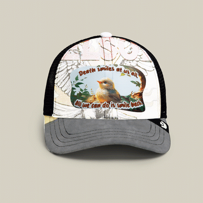 Part of the Goorin Bros. Storybook Collection, the Lil Samurai trucker hat in MULTI COLOR features an illustrated bird on a branch with the text: Death smiles at us all. All we can do is smile back.