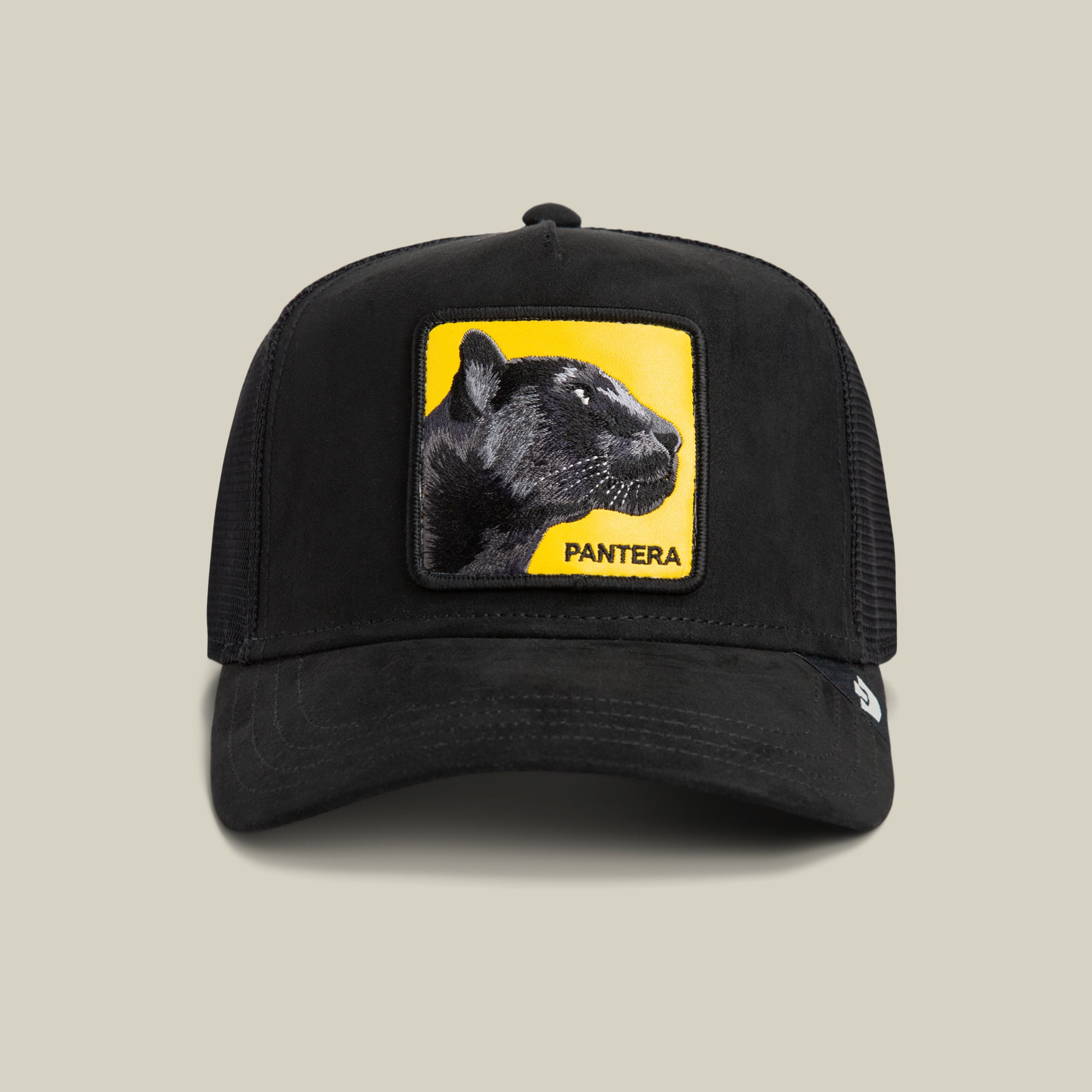 The Goorin Bros. Pantera Gialla is a black mesh trucker hat with a yellow patch on the front, featuring an embroidered black panther and the words "Pantera Gialla.