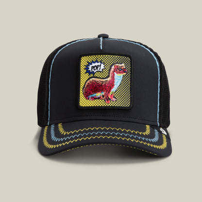 The Goorin Bros. "All Around the Mulberry Bush" trucker hat in VOID features bold colors, a playful cartoon animal patch with "POP!" up front, and yellow-blue zigzag stitching on the brim for a pop art twist.