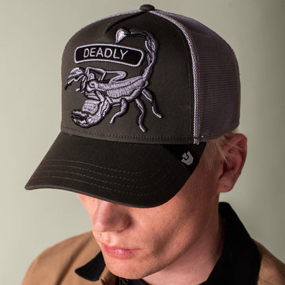 A person wearing the Goorin Bros. Classic Rocker - Deadly, a dark baseball cap with a grey mesh back and a scorpion patch labeled “DEADLY” on the front.