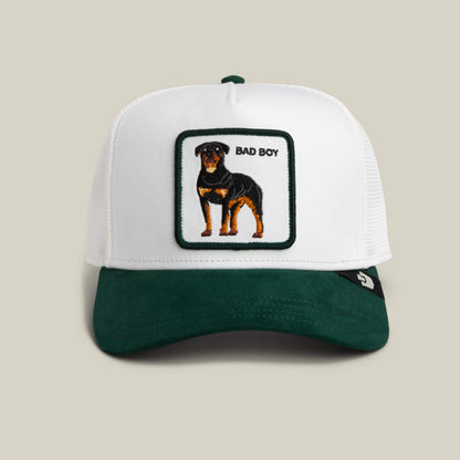 Goorin Bros. Suede Bad Boy hat in DUST / GUARD features a bold BAD BOY patch with an embroidered Rottweiler on the front.