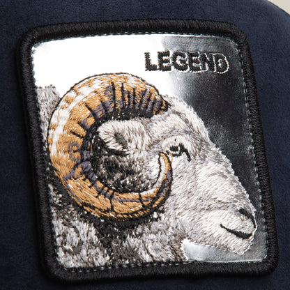 The Goorin Bros. Silver Legend patch shows an embroidered ram with large curved horns and "LEGEND" stitched at the top right—perfect for adding a bold touch to your favorite navy trucker hat.