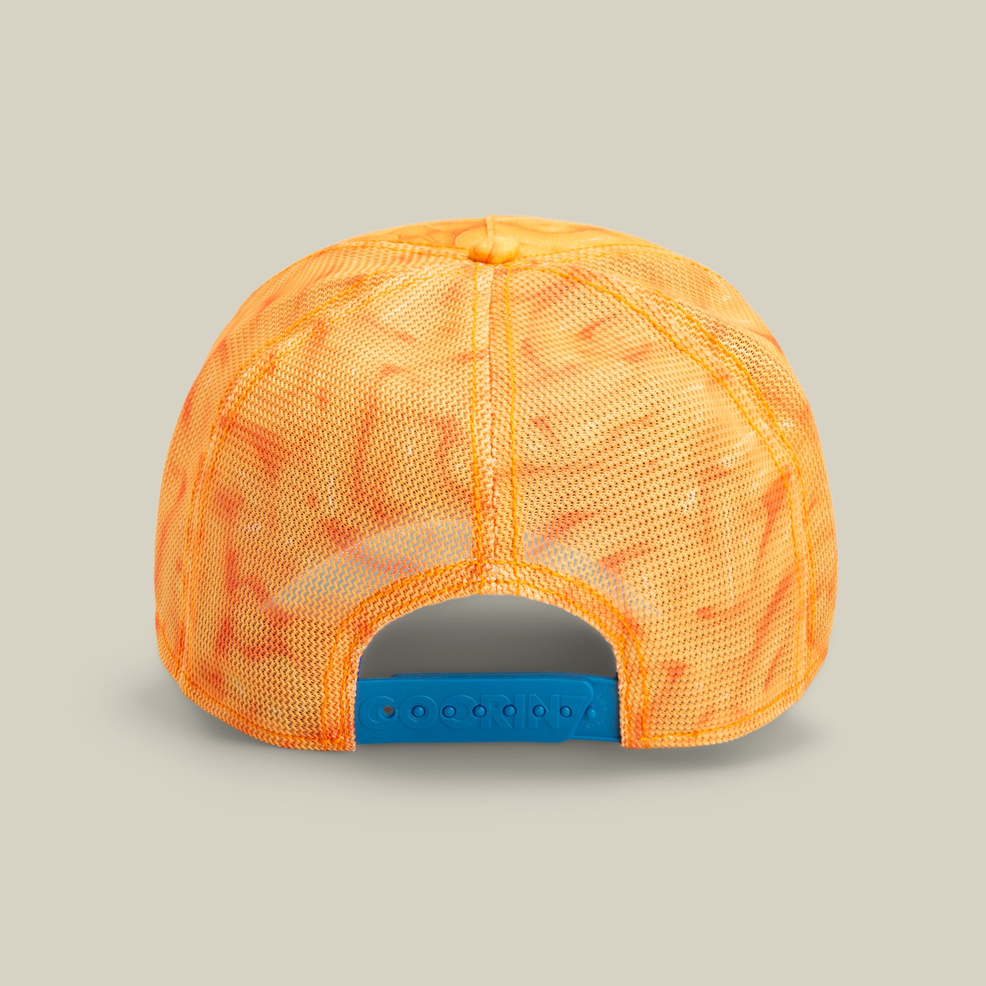 Orange mesh baseball cap by Goorin, featuring a blue adjustable snapback strap, shown from the back against a plain beige background. Perfect for those who appreciate durable hats with vibrant style.