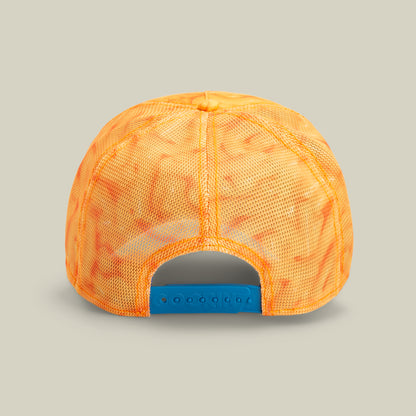 Orange mesh baseball cap by Goorin, featuring a blue adjustable snapback strap, shown from the back against a plain beige background. Perfect for those who appreciate durable hats with vibrant style.