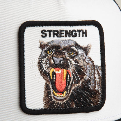 The Strength Panther by Goorin Bros. is a black and white hat with a square patch showing an embroidered snarling black panther and "STRENGTH" above it.