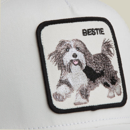 Close-up of the Goorin Bros. Bestie Trucker hat, white fabric with a square embroidered black and white dog patch labeled "BESTIE" in the top right corner.
