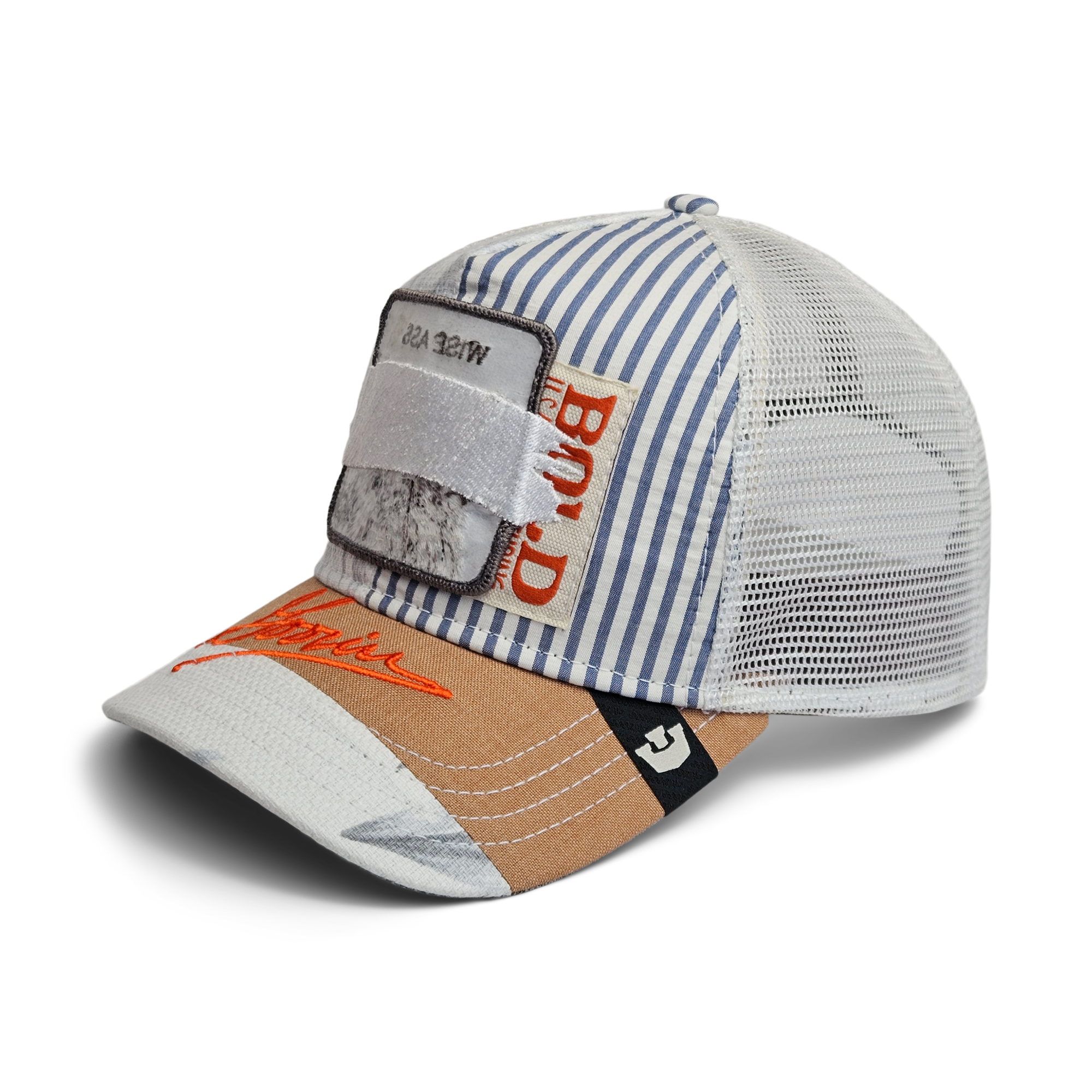 The Goorin Bros. Goorin Rework Trucker is a mesh baseball cap with blue and white stripes, orange script, brown and gray patches, and a front white Velcro badge—crafted from recycled fabrics for unique style.
