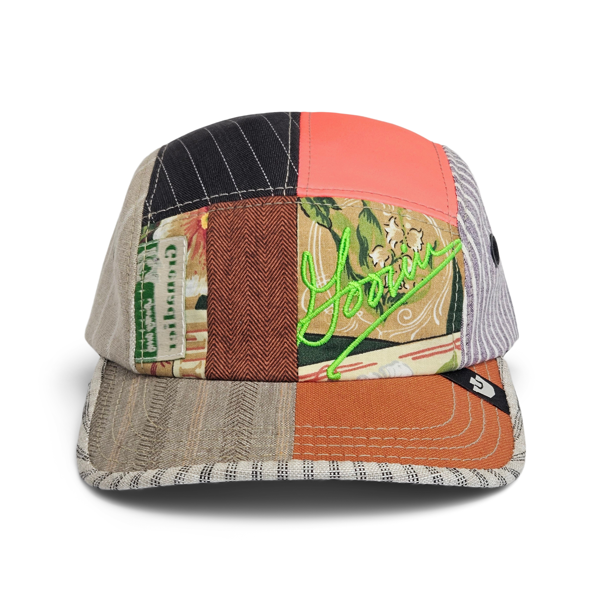 The Goorin Rework Camp Cap by Goorin Bros. is made in the USA from BISCUIT-colored fabric and features neon green embroidery on the front.