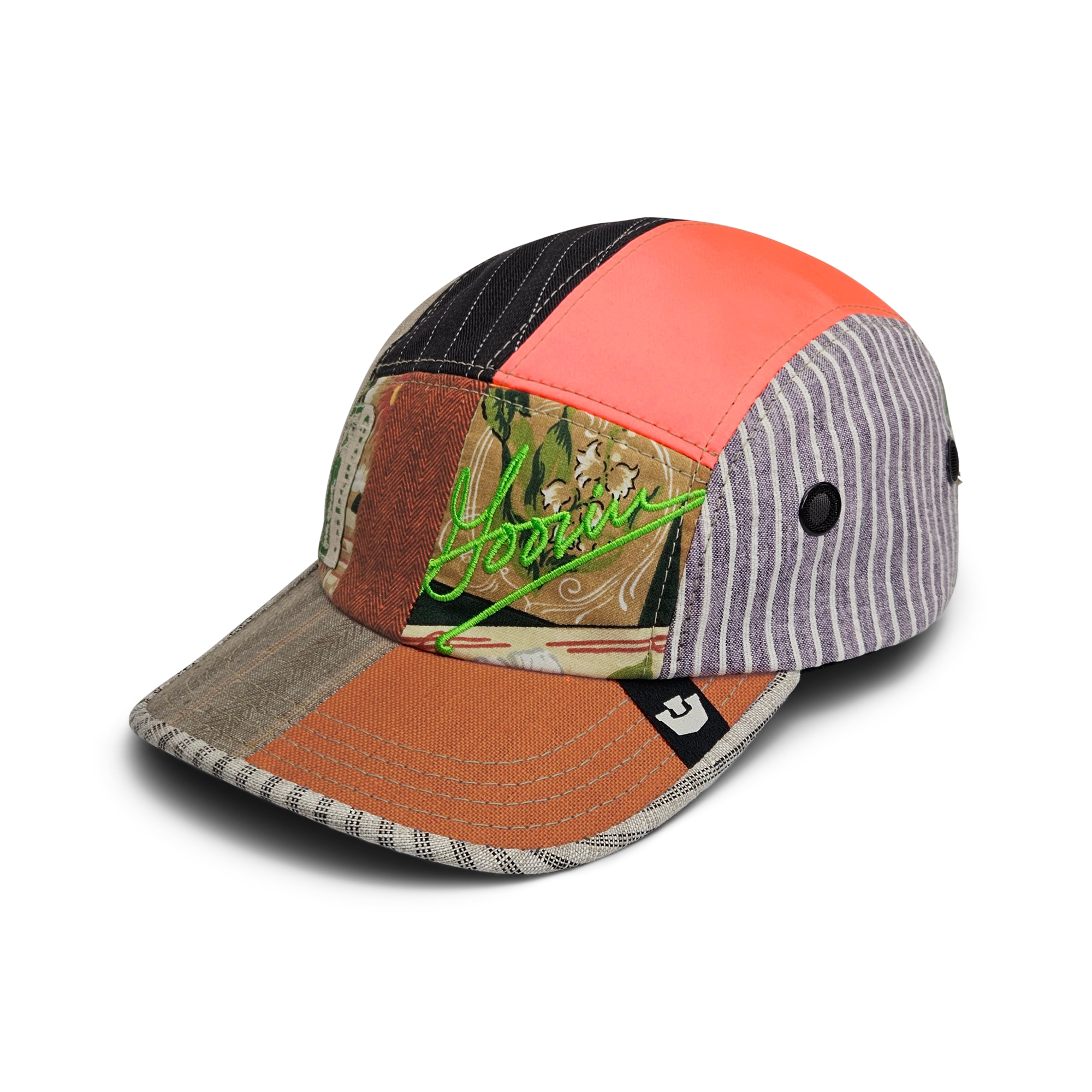 The Goorin Bros. Goorin Rework Camp Cap is a limited edition hat made from colorful recycled fabrics with stripes and solids, plus a neon green embroidered design on the front—perfect for adding flair to any look.