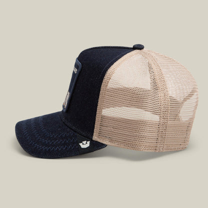 The Goorin Bros. Denim Guard mesh snapback cap in navy blue and beige is shown in profile on a neutral background.