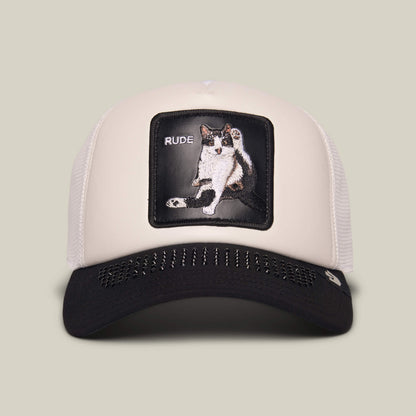 The "R U Done Eating?" cap by Goorin Bros. in blank features a patch with an illustrated cat raising its paw and the word RUDE embroidered, giving off a playful vibe.