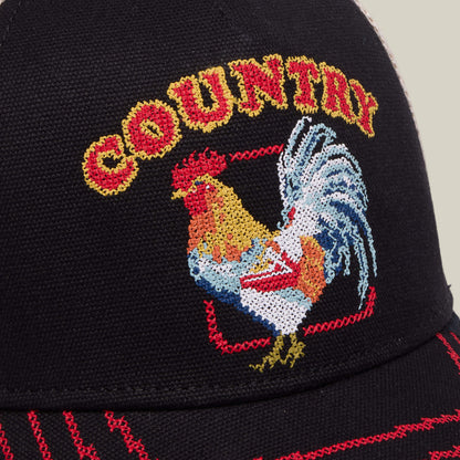 The "Middle of No Where" cap by Goorin Bros. is a black hat with an embroidered rooster and COUNTRY in yellow and red above it—ideal for fried chicken and home cooking fans.