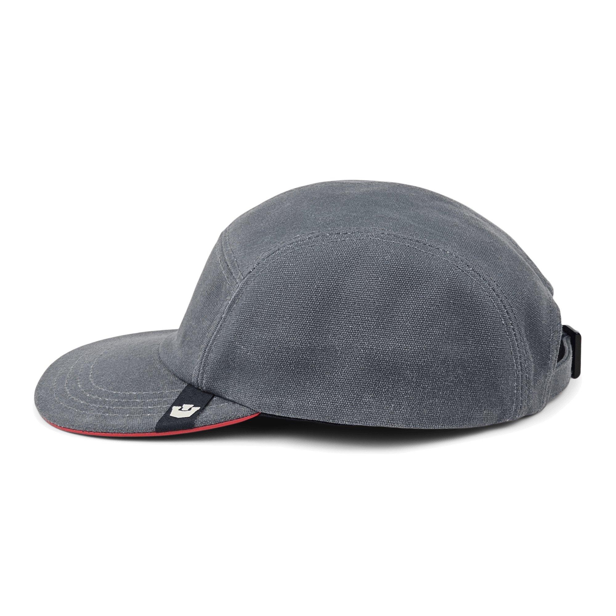 The North Boulder by Goorin Bros. is a grey cotton 5-panel camp cap with a curved brim, black logo tag on the front, and adjustable back strap—hand cut and sewn in the USA for premium quality.