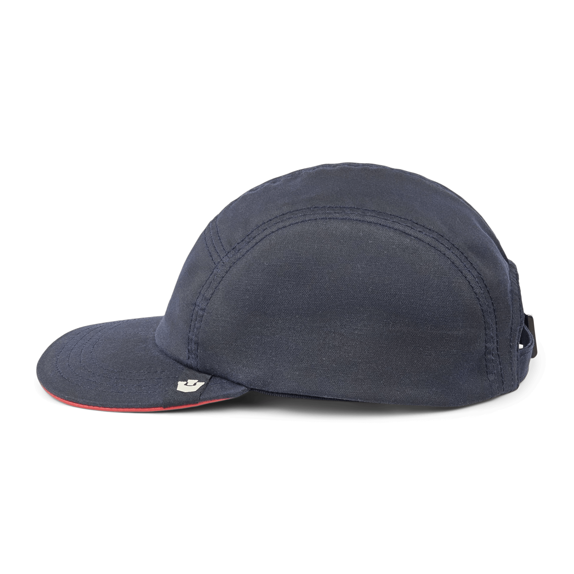 The North Boulder by Goorin Bros. is a navy blue 5-panel camp cap, hand cut and sewn in the USA, with a short brim and small logo tag on the left side of the brim, shown on a plain white background.