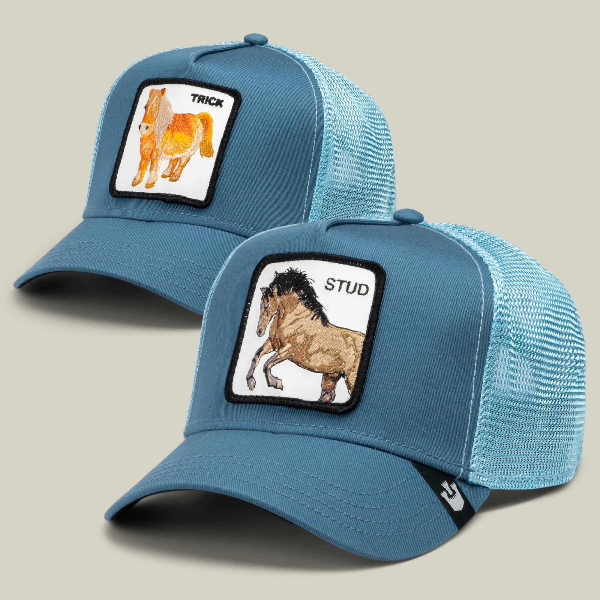 Goorin Bros. Dad and Pony Show: Limited edition blue mesh trucker hats with horse patches—TRICK for kids, STUD for dads. Perfect Father’s Day matching caps!.