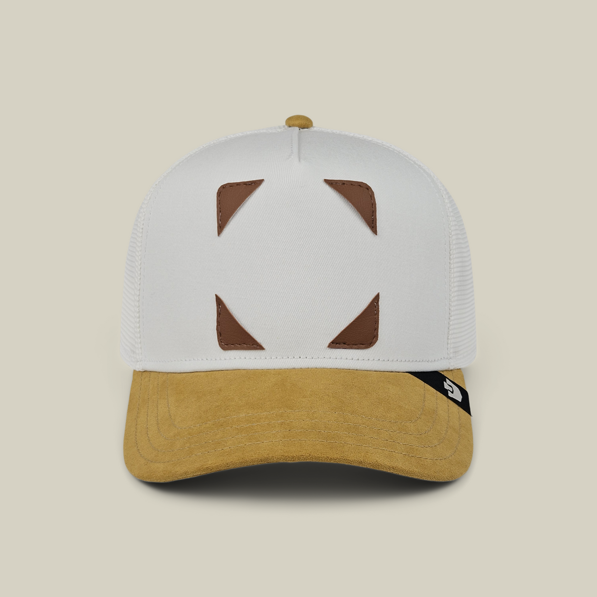 Hands Down Patch Pack with GB Patch Corner Trucker - Tan, a white trucker hat with a tan brim and four dark brown animal patches on the front panels.