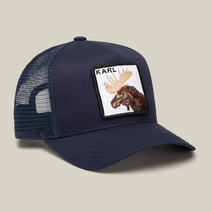 The Goorin Bros. Karlsson Moose is a navy blue mesh trucker hat with a front patch featuring an illustrated moose and “KARL” above it—a truly moose-worthy lid.