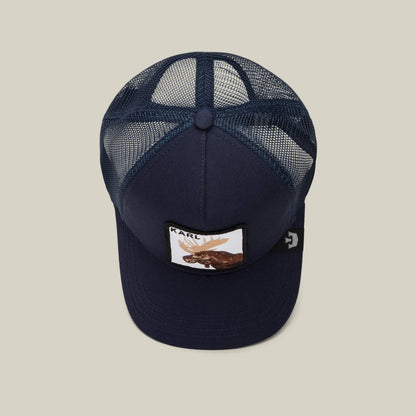Navy blue mesh trucker hat by Goorin Bros., called the Karlsson Moose, featuring a front patch with an eagle illustration and the word “Karl”—a moose-worthy lid inspired by stars like Rickard Rakell.