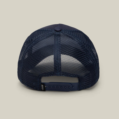 The Rakell Moose by Goorin Bros. is a navy blue mesh-back trucker hat, shown from the rear with an adjustable snap closure—this limited-edition cap adds exclusive style to your look.