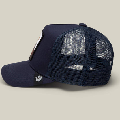 Limited-edition Rakell Moose cap by Goorin Bros., navy blue with mesh back and curved brim, shown in side profile against a plain background.