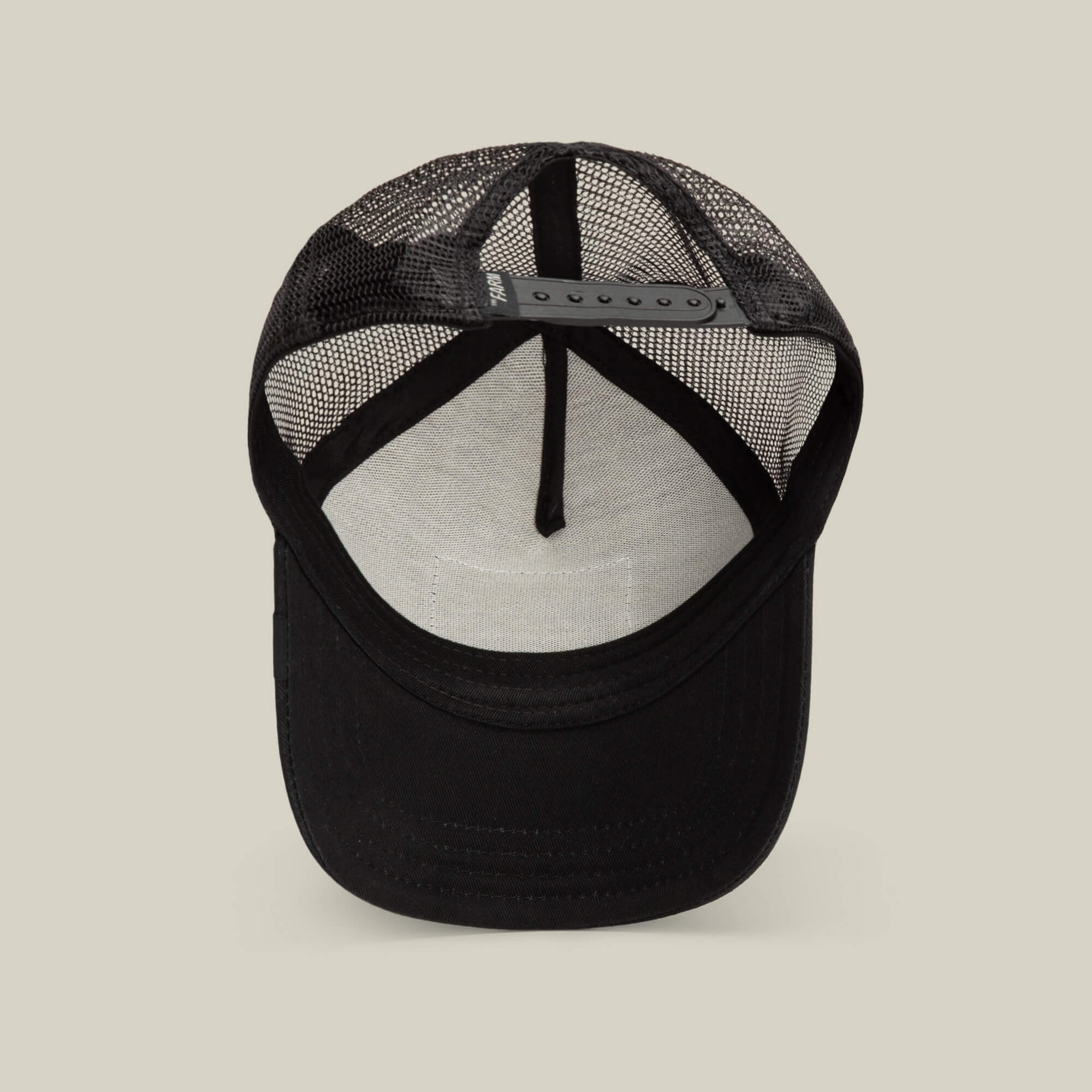 The Daddy Panther by Goorin Bros. is a black mesh baseball cap shown from above, featuring an adjustable snapback strap and interior lining—a top-shelf accessory.