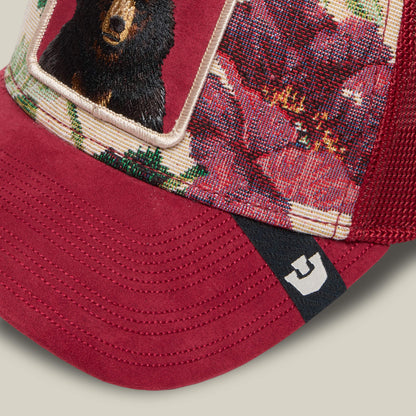 The Dull Boi by Goorin Bros.—a red trucker hat with floral embroidery, a bear patch, and a black tag with white logo—is part of our Fresh Friday Drop for anyone who knows All Work and No Play needs a little Johnny flair.