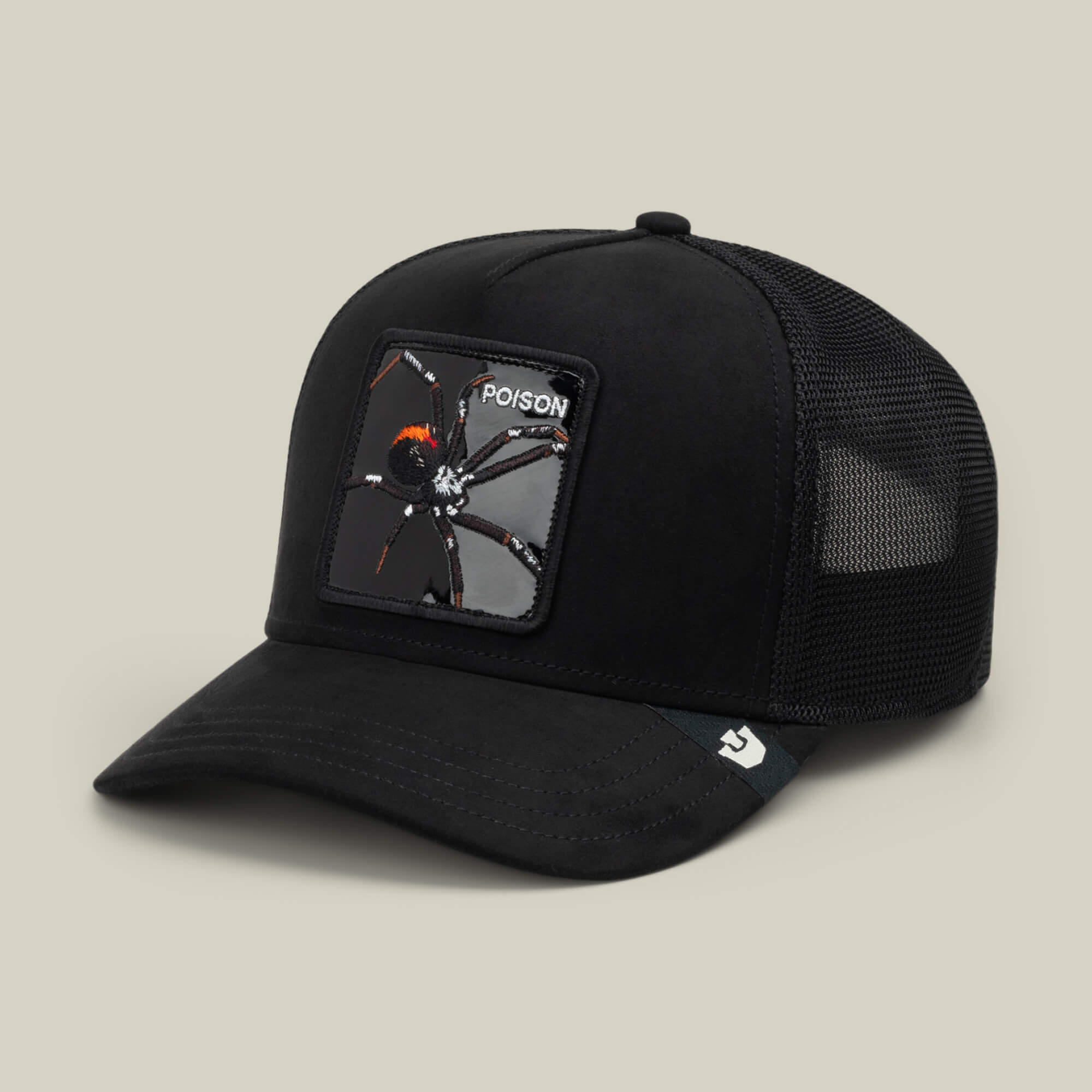Introducing the "Black Out Spider" hat by Goorin Bros.—a black mesh trucker cap with a curved brim, highlighted by a collectible animal patch featuring a bold spider illustration and the word "POISON" across the front. Channel your inner spider energy with this unique style, finished off with a signature logo tag on the side of the brim.