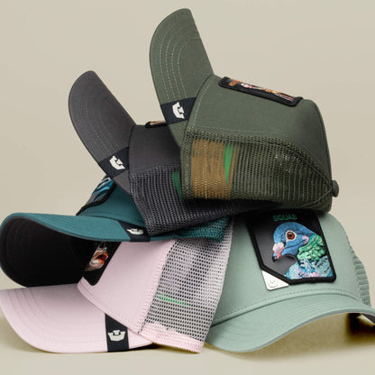 A stack of five Goorin Bros. Blind Box 1: U R WUT U EET trucker hats in assorted colors, each featuring a surprise animal patch on the front, just like opening a mystery box.