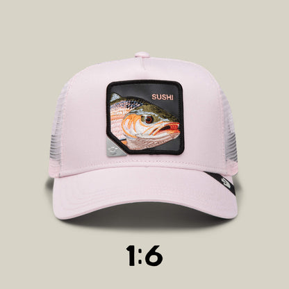 A light pink Goorin Bros. mesh baseball cap from the Blind Box 1: U R WUT U EET series features a fish patch with "SUSHI" and a 1:6 hint, adding mystery to this animal hat collection.