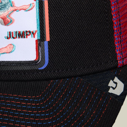 The Goorin Bros. Bug Fixes black trucker cap features colorful embroidered insects and text on the front panel, with red and blue decorative stitching detail visible on the back.