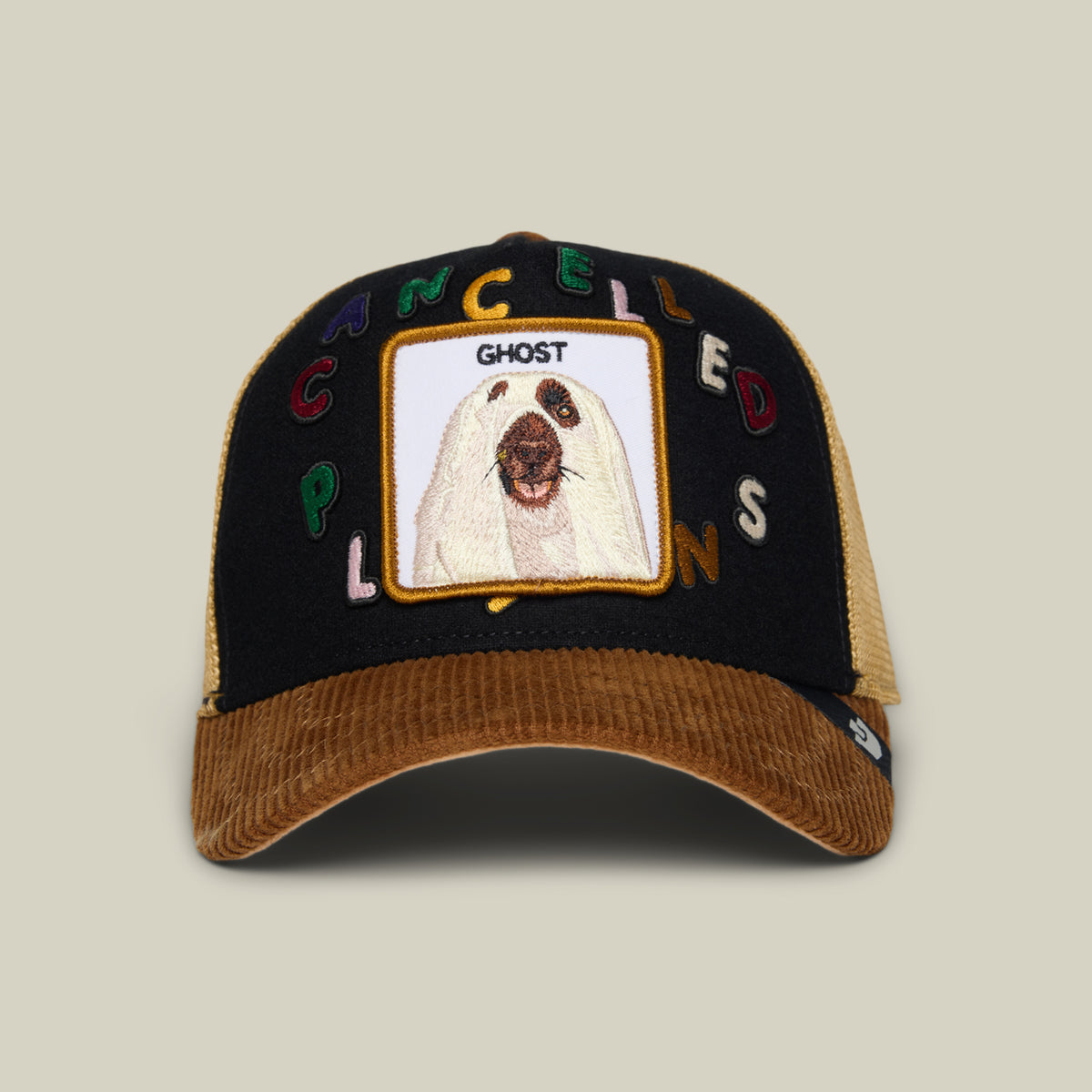 Void Black Way of the Samurai trucker hat with a brown corduroy brim and a GHOST dog patch surrounded by the word CANCELLED.