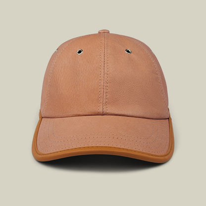 Steiner cap by Goorin Bros. in Tile Brown suede, with two metal eyelets on the front panels and an adjustable plaid strap at the back, shown from the front against a plain light background.