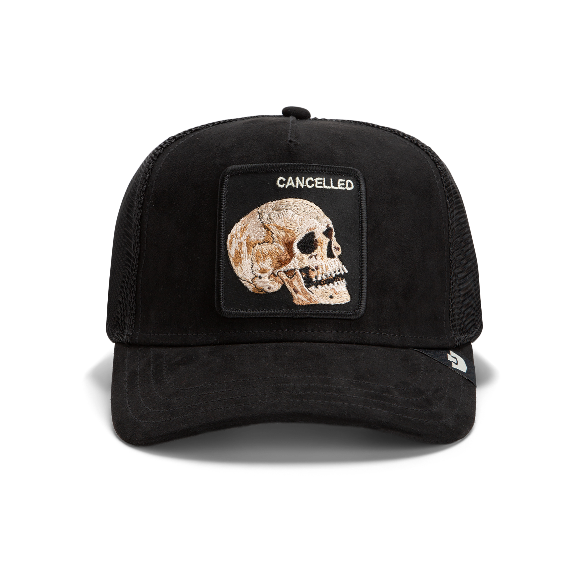 The Goorin Bros. Bold Suede Skull is a black limited edition hat featuring an embroidered skull patch with "CANCELLED" above it.