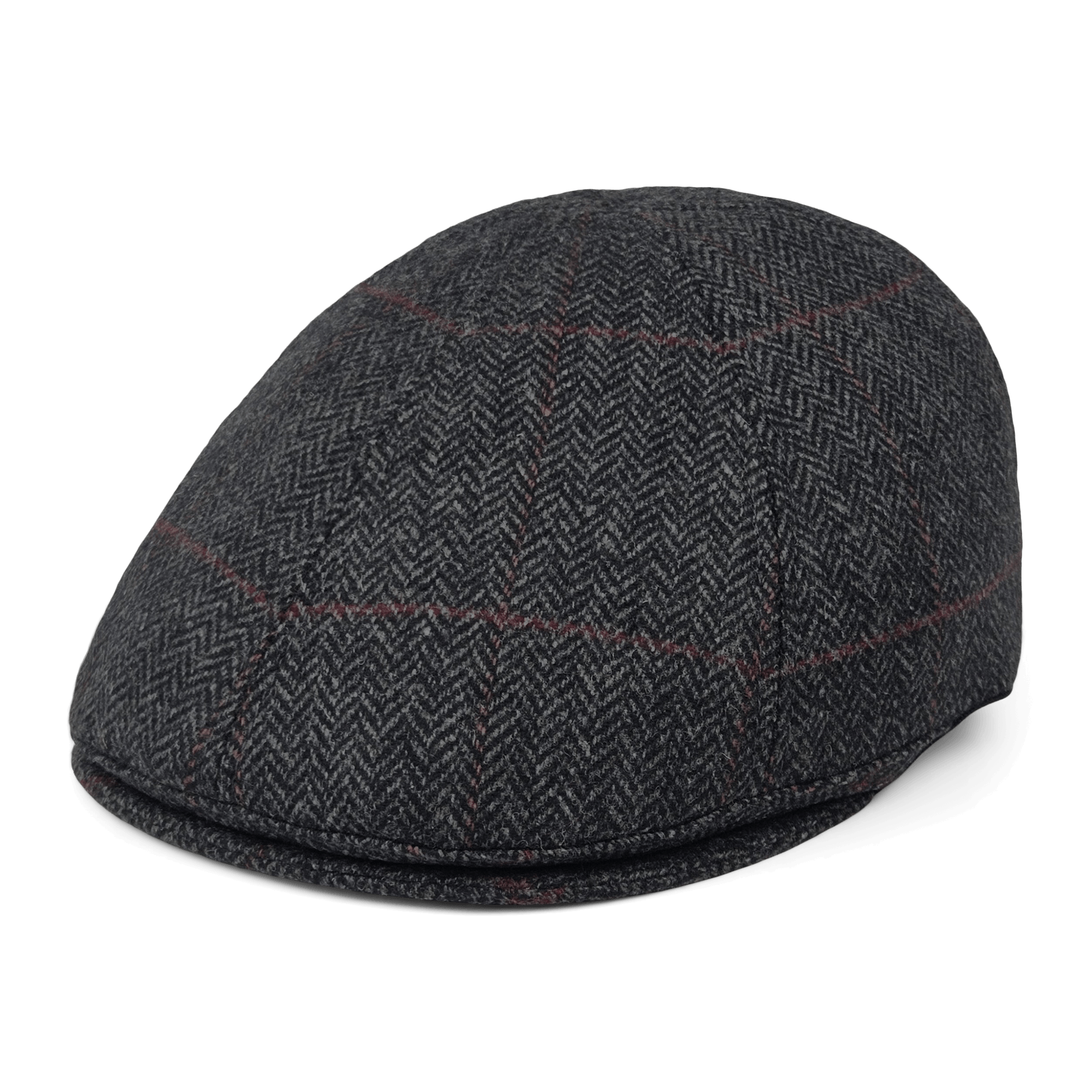 The Harry Bones by Goorin Bros. is a dark gray wool flatcap featuring a subtle herringbone pattern and faint red lines.