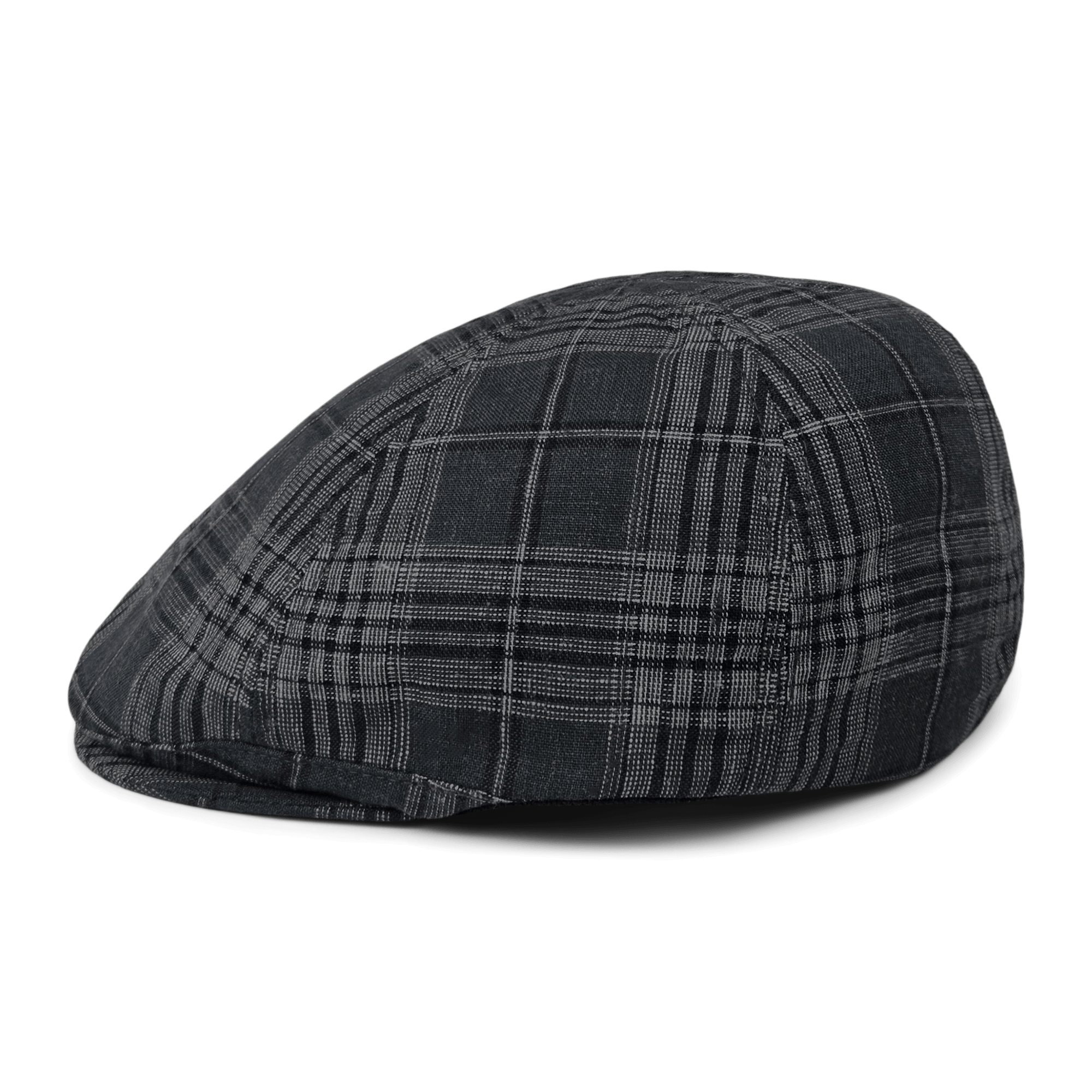 The Goorin Bros. Glenwood Grove flatcap, featuring black, gray, and dark green plaid in 100% cotton, is displayed from the side on a plain white background.