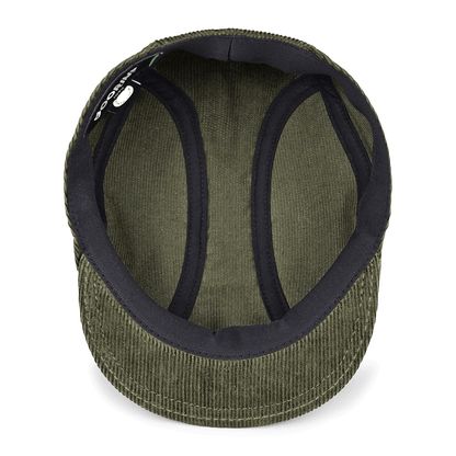 The Maxwell Park corduroy cap by Goorin Bros. is shown from above, highlighting the interior lining, sweatband, and a discreet label at the seam—a classic cotton piece designed for comfort and style.