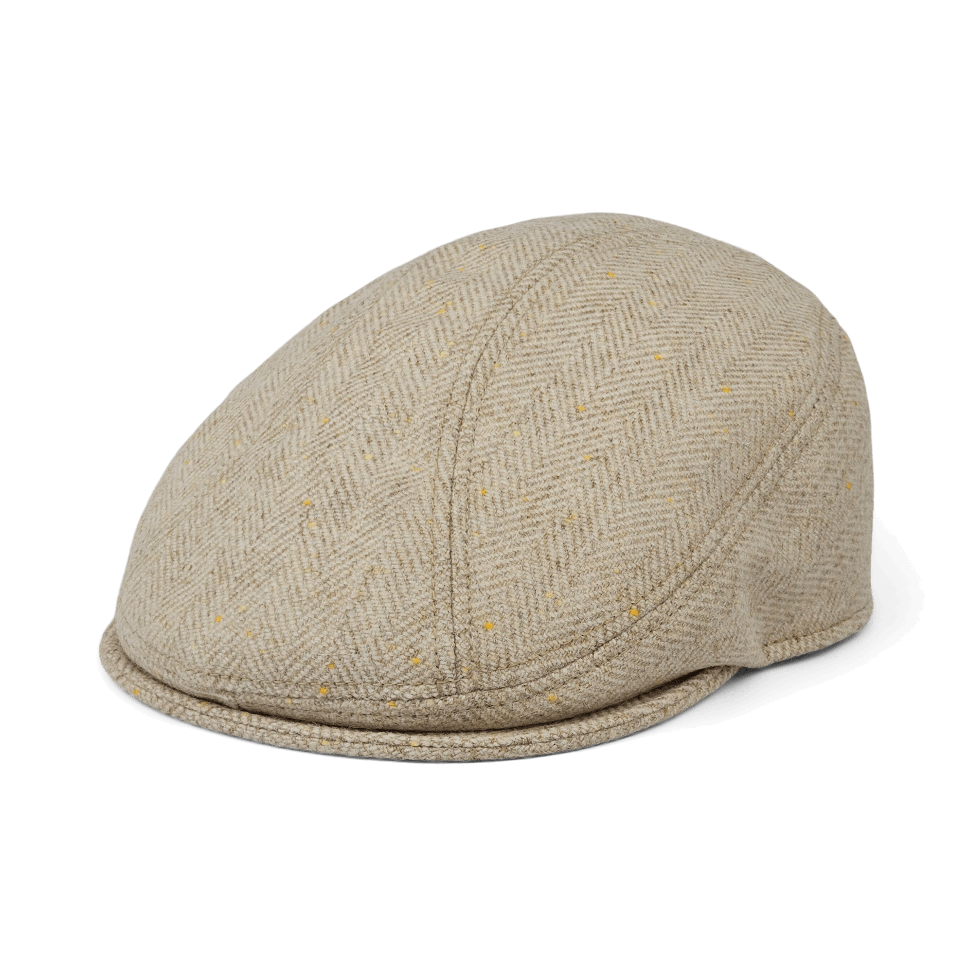 Iris Fields by Goorin Bros.: a cream herringbone wool flatcap with a subtle speckled pattern, handmade in the USA and shown on a plain white background.