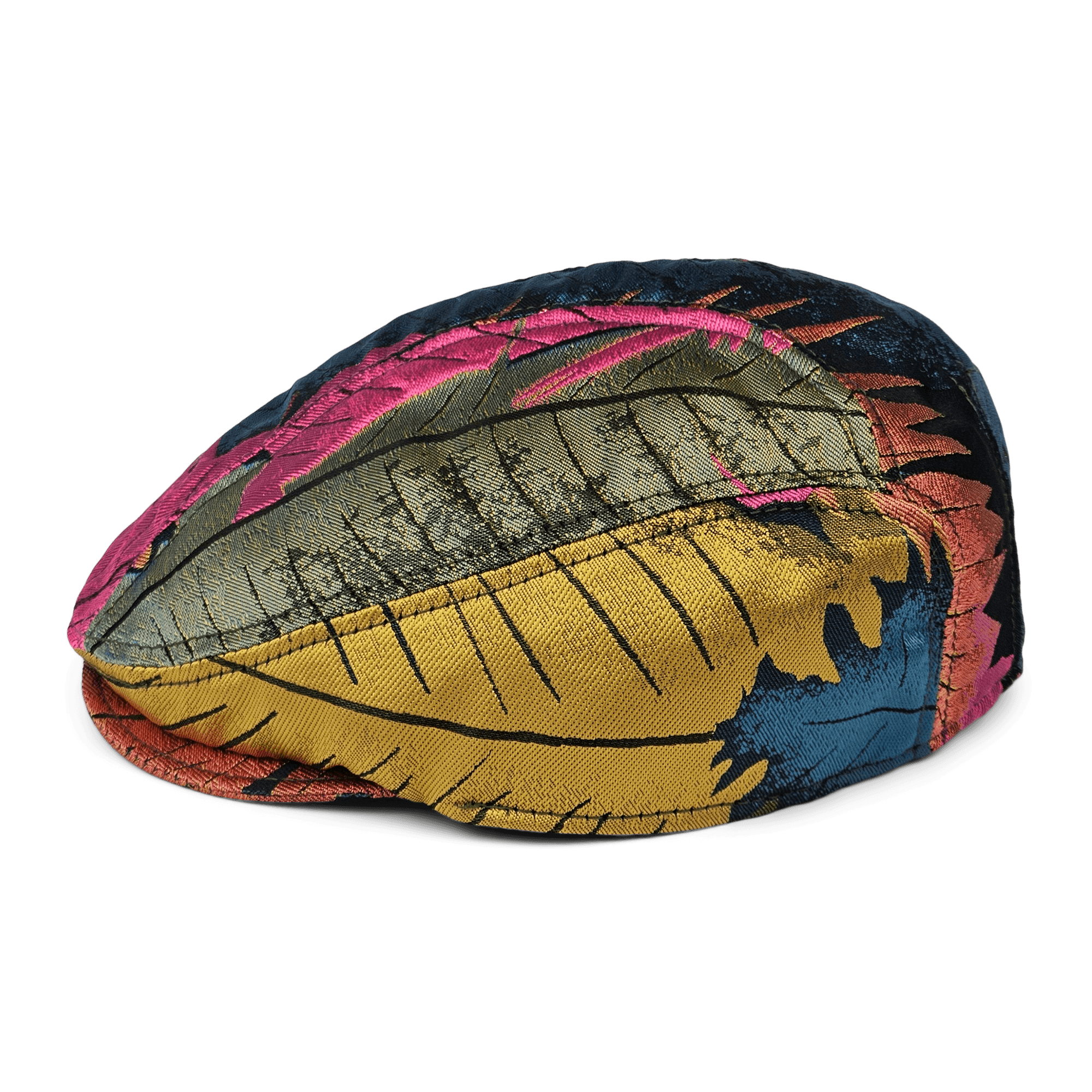 The Upland Avenue flatcap by Goorin Bros. features a vibrant leaf pattern in gold, blue, pink, and green on white fabric, and is hand sewn in the USA.