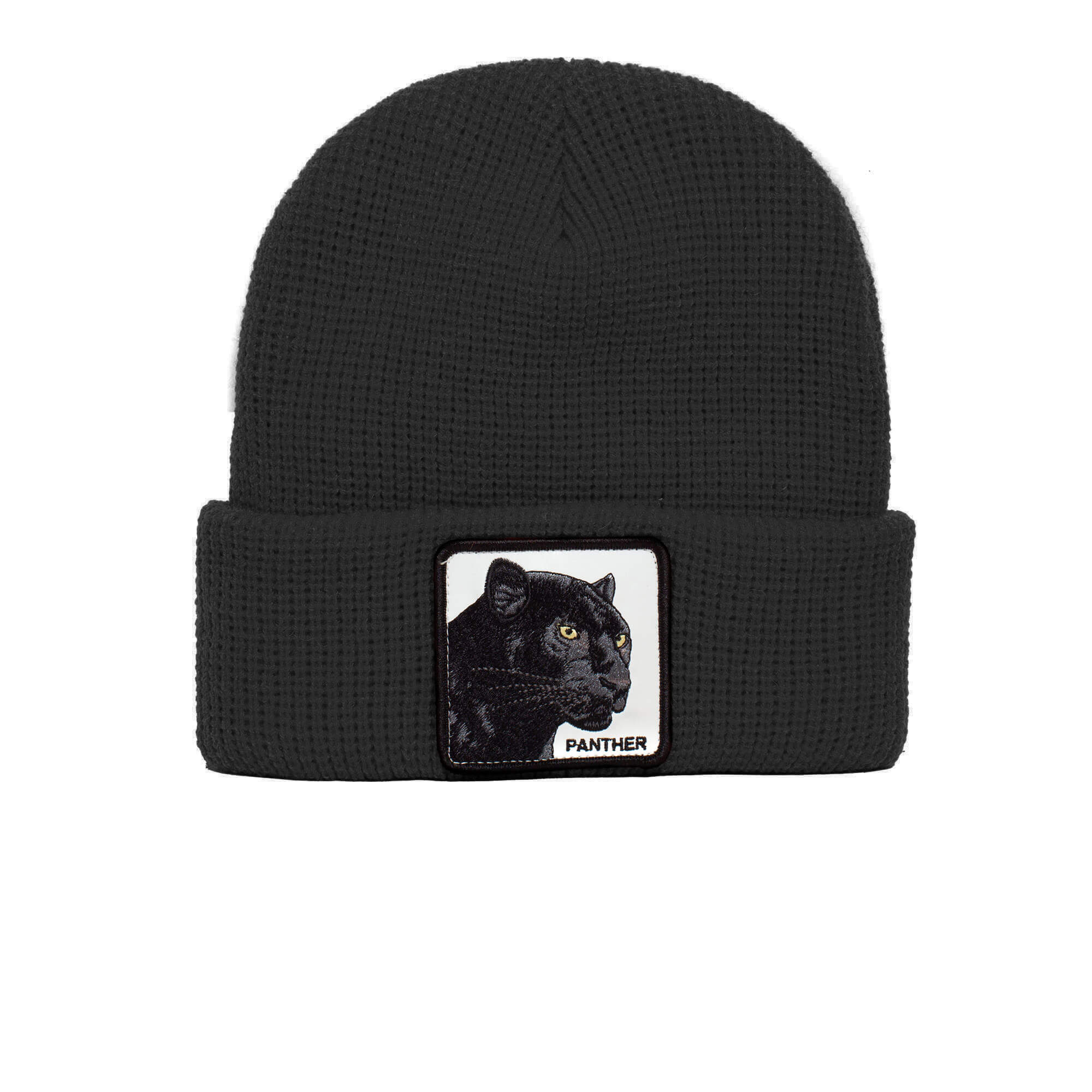 The Farm’s Panther Vision black knit beanie features an illustrated black panther patch and “PANTHER” label on the cuff—ideal for anyone who loves soft, stylish beanies.