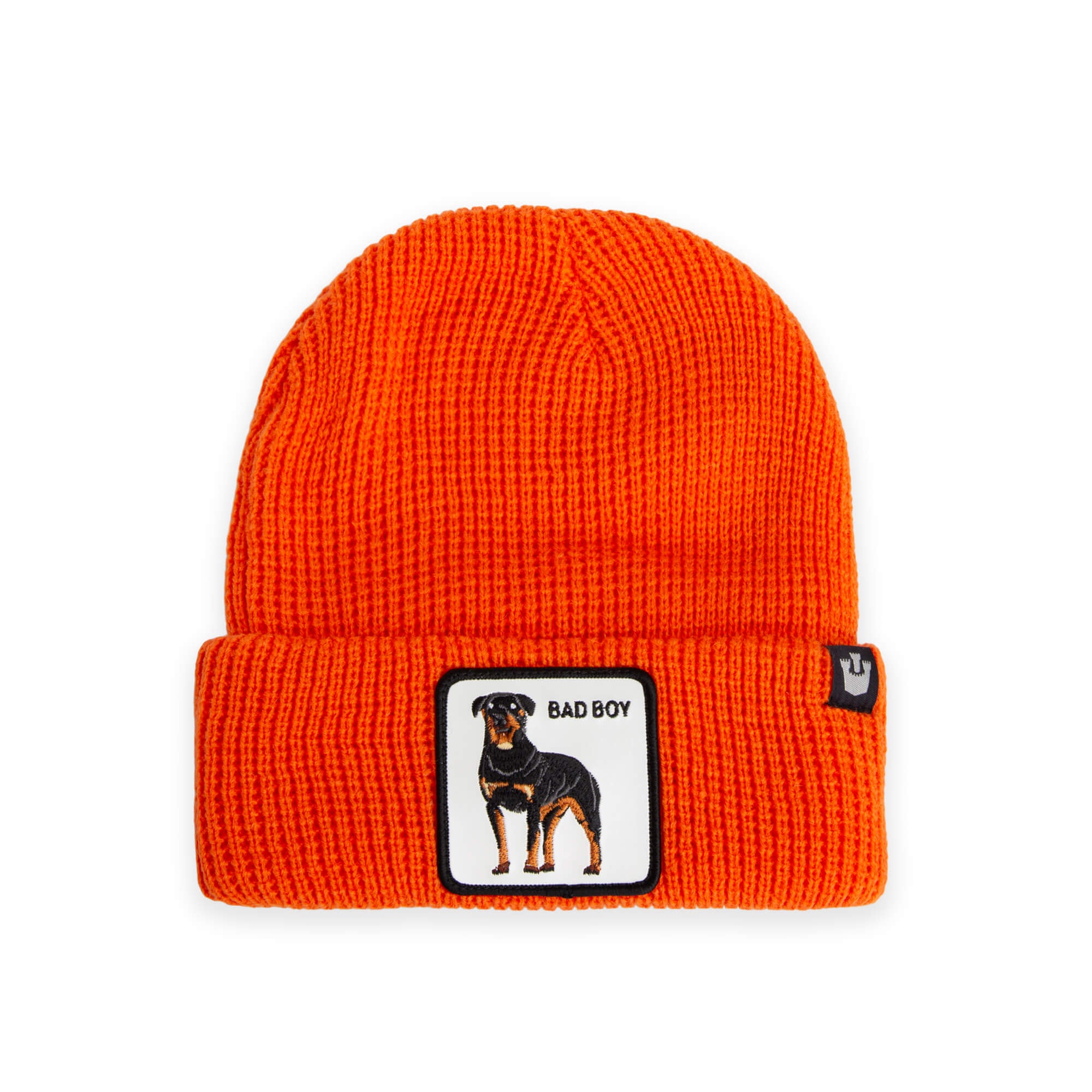 The Alpha Beta by Goorin Bros. is an orange knit beanie featuring a patch with a black and brown dog and "BAD BOY" text on the front. All sales are final—no returns.