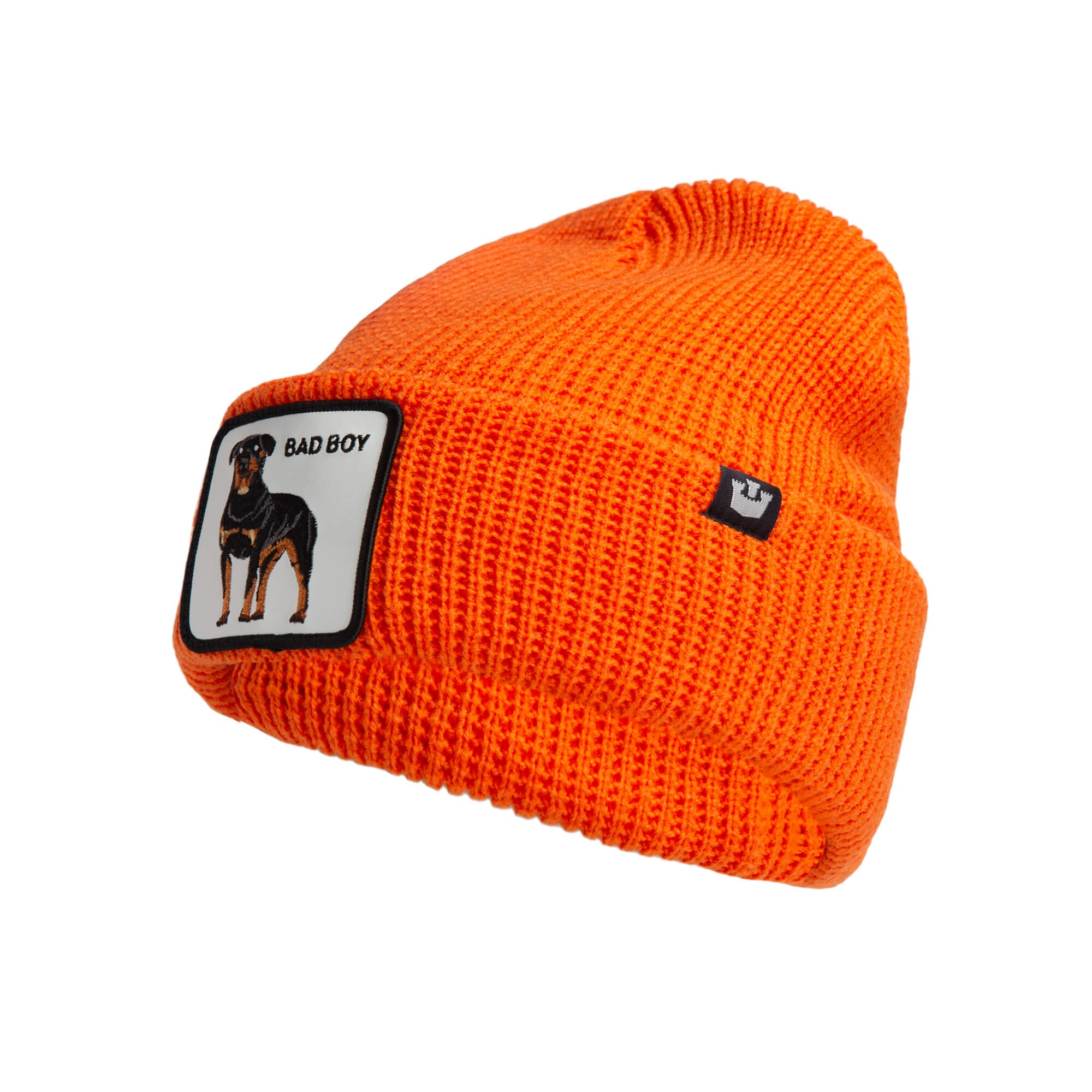 The Alpha Beta by Goorin Bros. is a bright orange knit beanie with a patch featuring a Rottweiler and "BAD BOY," plus a black and white logo tag. All sales are final.