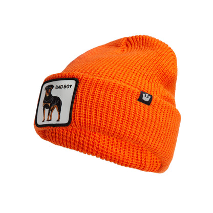 The Alpha Beta by Goorin Bros. is a bright orange knit beanie with a patch featuring a Rottweiler and "BAD BOY," plus a black and white logo tag. All sales are final.
